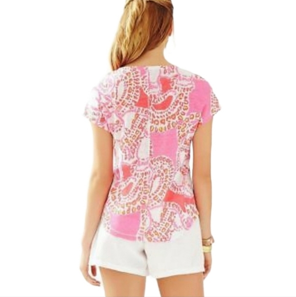 Lilly Pulitzer Duval Linenโ Top Small Coral Elephant Breathable Lightweight M - Picture 2 of 15